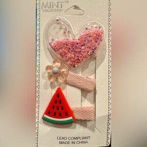 Girls Set of 3 Hair Clips Puffy Heart Watermelon